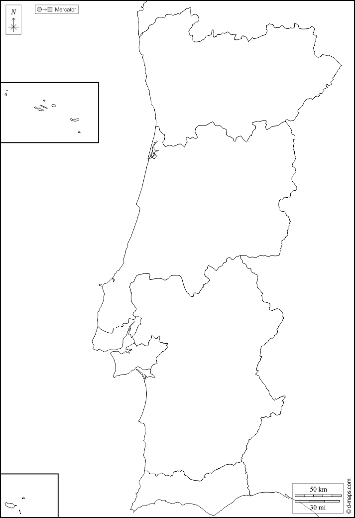 Portogallo : d-maps.com: mappa gratuita, mappa muta gratuita, cartina muta gratuita : frontiere, regioni, bianco