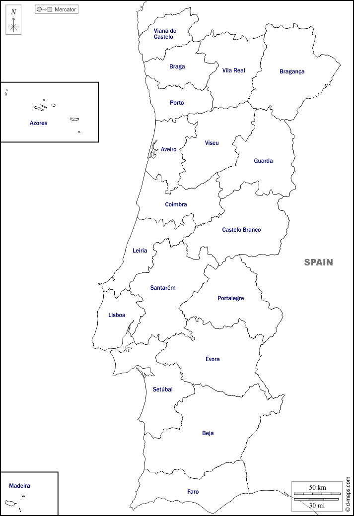 Portogallo : d-maps.com: mappa gratuita, mappa muta gratuita, cartina muta gratuita : frontiere, distretti, nomi, bianco