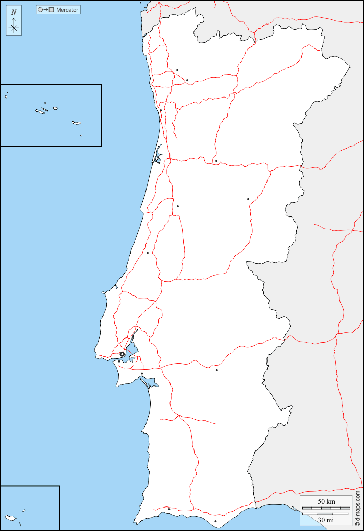 Portogallo : d-maps.com: mappa gratuita, mappa muta gratuita, cartina muta gratuita : frontiere, principali città, strade