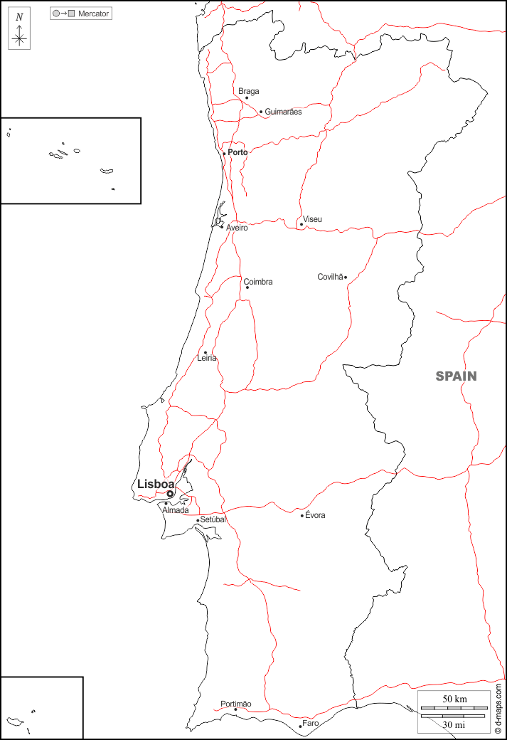 Portogallo : d-maps.com: mappa gratuita, mappa muta gratuita, cartina muta gratuita : frontiere, principali città, strade, nomi, bianco