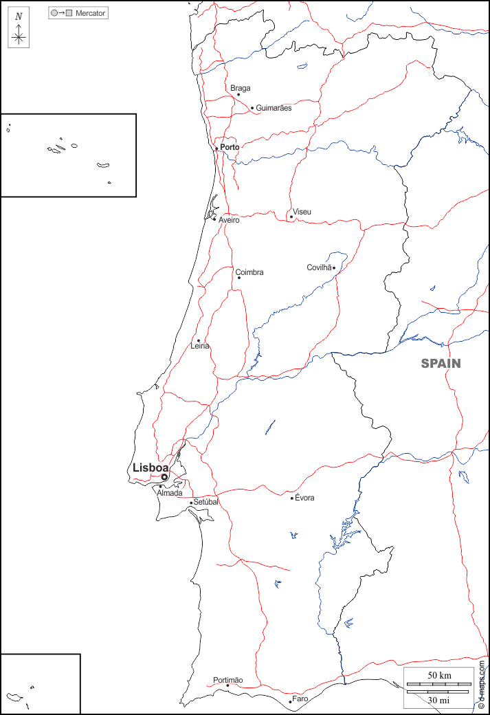 Portogallo : d-maps.com: mappa gratuita, mappa muta gratuita, cartina muta gratuita : frontiere, idrografia, principali città, strade, nomi, bianco