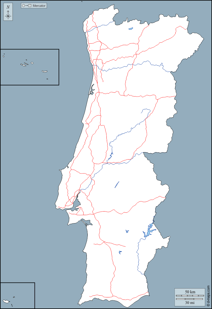 Portogallo : d-maps.com: mappa gratuita, mappa muta gratuita, cartina muta gratuita : contorni, idrografia, strade