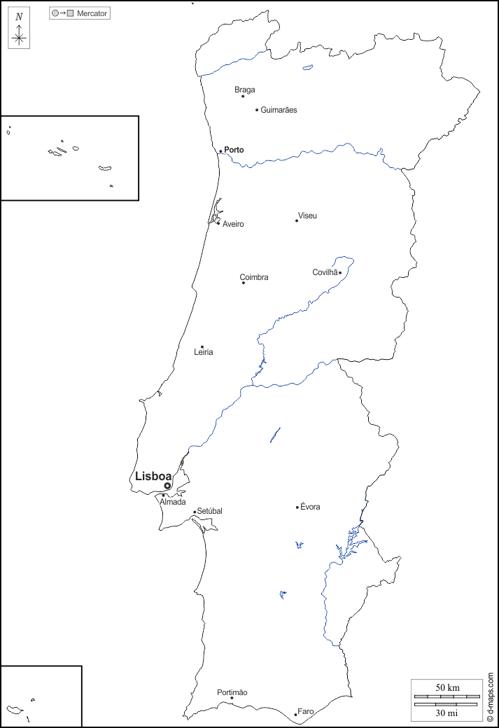 Portogallo : d-maps.com: mappa gratuita, mappa muta gratuita, cartina muta gratuita : contorni, idrografia, principali città, nomi, bianco
