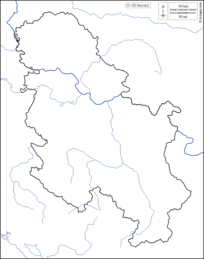 Serbia : d-maps.com: mappa gratuita, mappa muta gratuita, cartina muta gratuita : litorali, limiti, idrografia, bianco