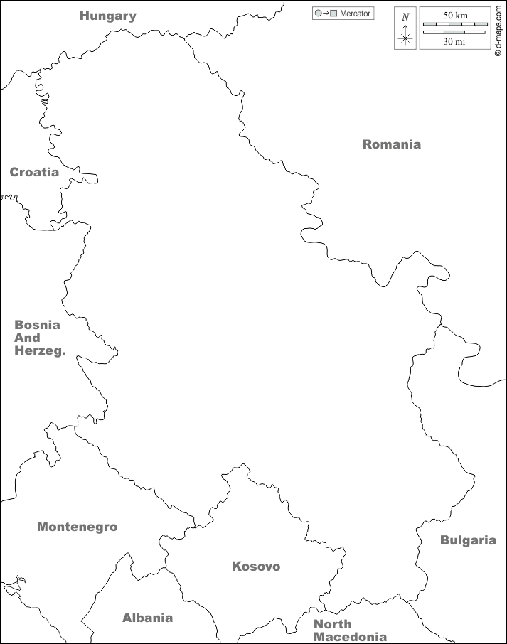Serbia : d-maps.com: mappa gratuita, mappa muta gratuita, cartina muta gratuita : frontiere, nomi, bianco