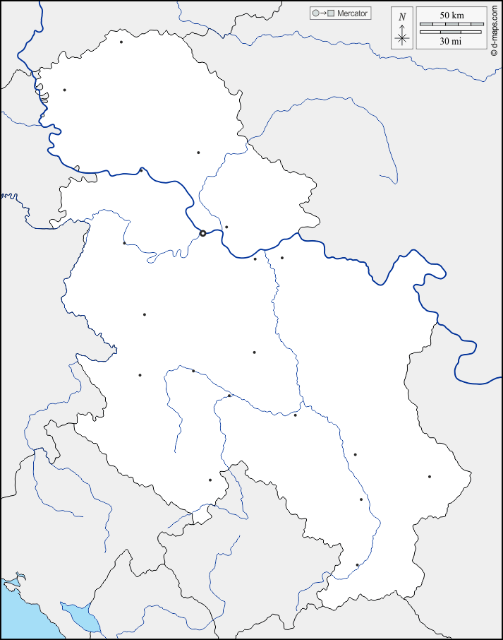 Serbia : d-maps.com: mappa gratuita, mappa muta gratuita, cartina muta gratuita : frontiere, idrografia, principali città