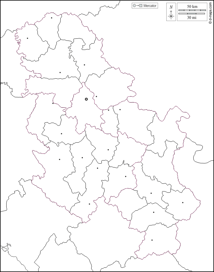 Serbien : d-maps.com: Kostenlose Karten, kostenlose stumme Karte, kostenlose unausgefüllt Landkarte, kostenlose hochauflösende Umrisskarte : Grenzen, Bezirke, Wichtige Städte, weiß