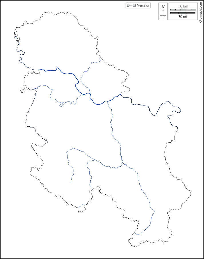 Serbia : d-maps.com: mappa gratuita, mappa muta gratuita, cartina muta gratuita : contorni, idrografia, bianco