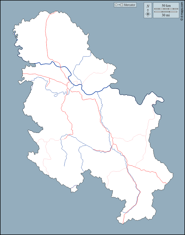 Serbia : d-maps.com: mappa gratuita, mappa muta gratuita, cartina muta gratuita : contorni, idrografia, strade