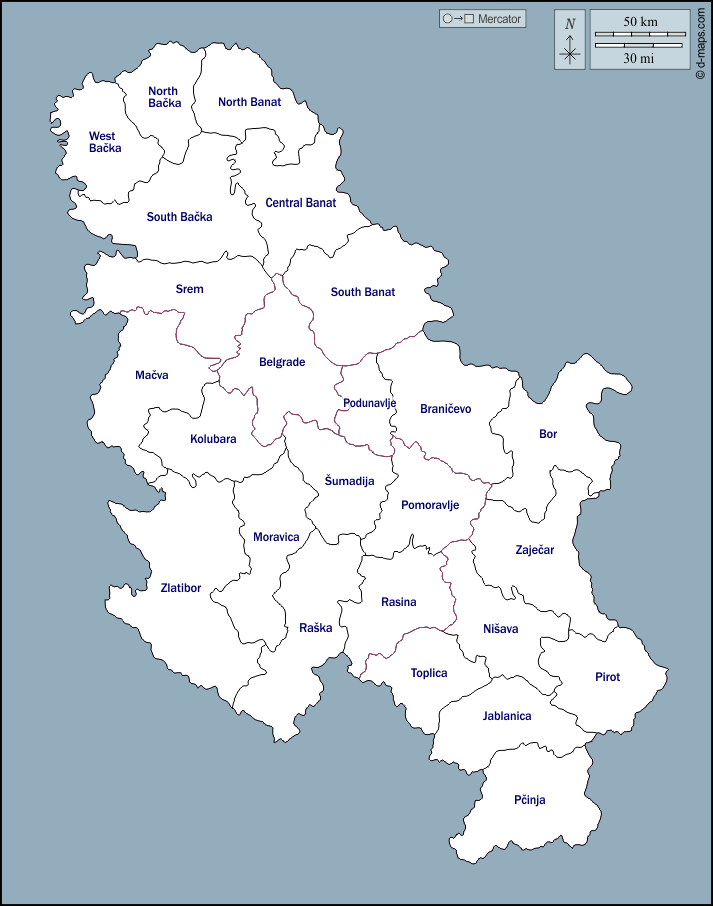 Serbia : d-maps.com: mappa gratuita, mappa muta gratuita, cartina muta gratuita : contorni, distretti, nomi