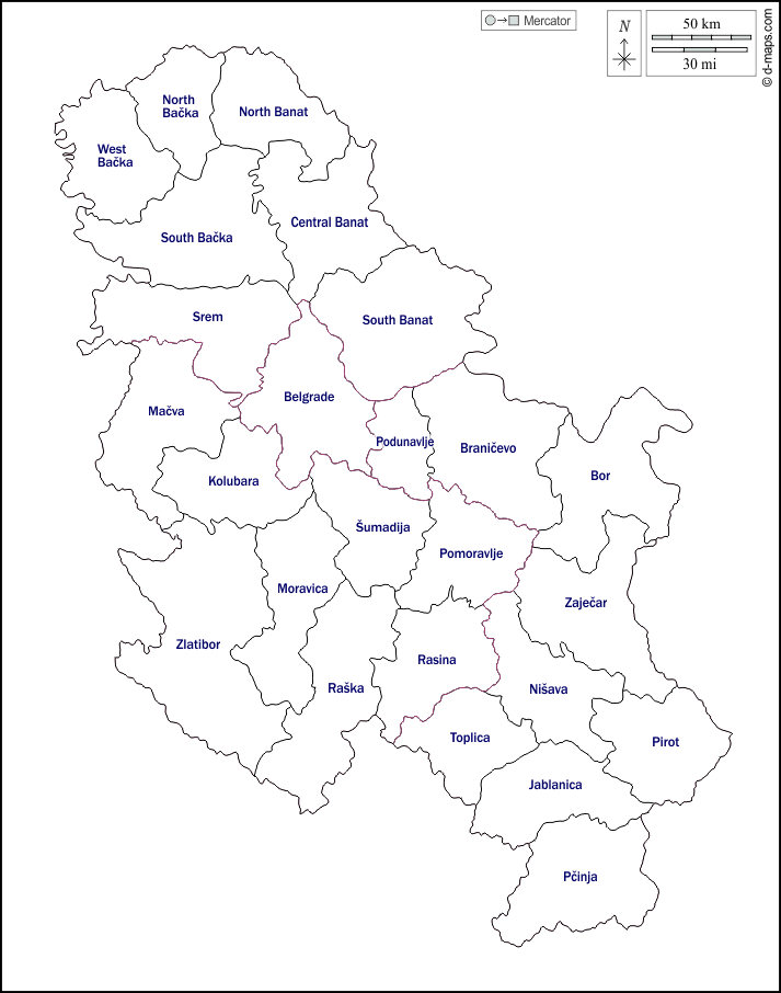 Serbia : d-maps.com: mappa gratuita, mappa muta gratuita, cartina muta gratuita : contorni, distretti, nomi, bianco