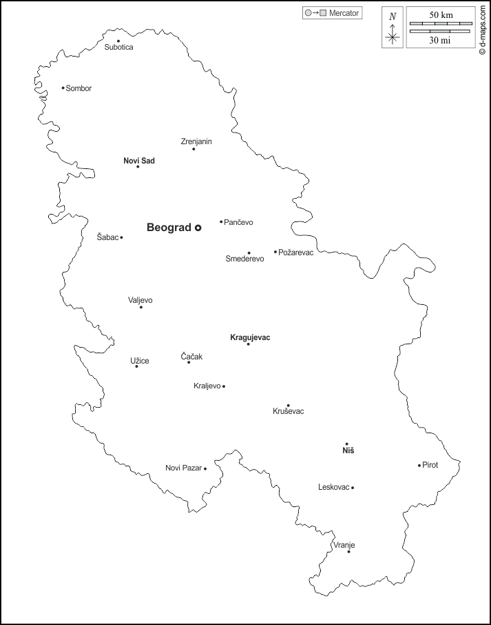 Serbia : d-maps.com: mappa gratuita, mappa muta gratuita, cartina muta gratuita : contorni, principali città, nomi, bianco