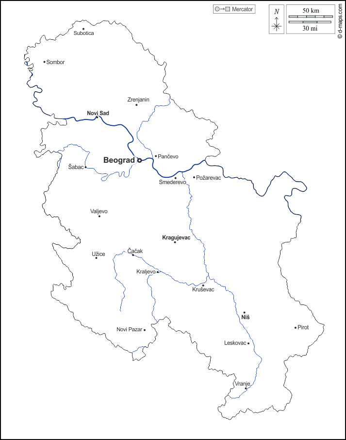 Serbia : d-maps.com: mappa gratuita, mappa muta gratuita, cartina muta gratuita : contorni, idrografia, principali città, nomi, bianco