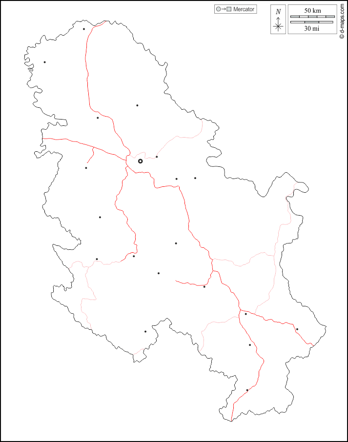 Serbia : d-maps.com: mappa gratuita, mappa muta gratuita, cartina muta gratuita : contorni, principali città, strade, bianco