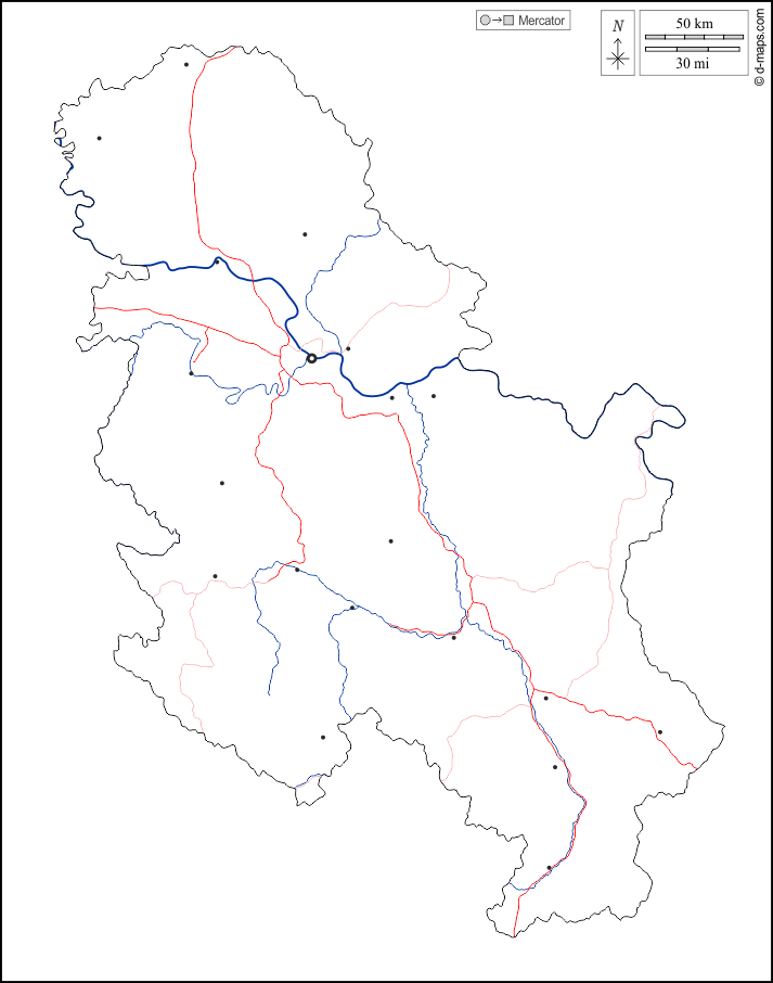 Serbia : d-maps.com: mappa gratuita, mappa muta gratuita, cartina muta gratuita : contorni, idrografia, principali città, strade, bianco