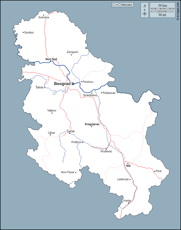 Serbia : d-maps.com: mappa gratuita, mappa muta gratuita, cartina muta gratuita : contorni, idrografia, principali città, strade, nomi