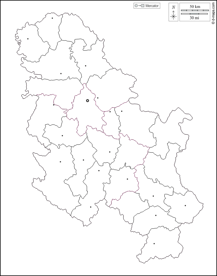 Serbia : d-maps.com: mappa gratuita, mappa muta gratuita, cartina muta gratuita : contorni, distretti, principali città, bianco