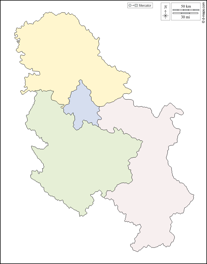 Serbia : d-maps.com: mappa gratuita, mappa muta gratuita, cartina muta gratuita : contorni, regioni, colore, bianco
