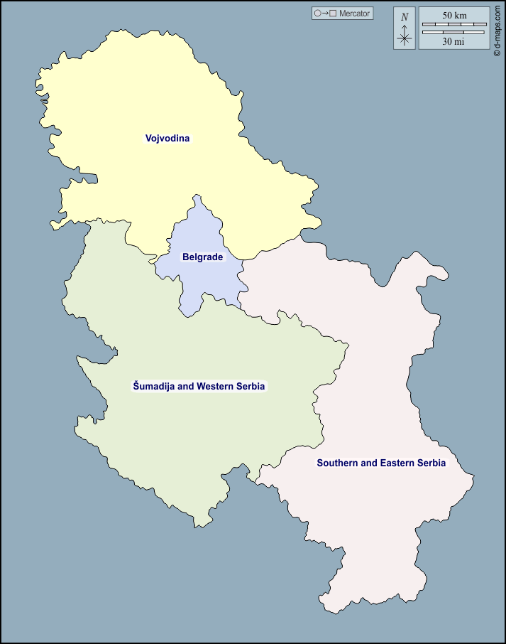 Serbia : d-maps.com: mappa gratuita, mappa muta gratuita, cartina muta gratuita : contorni, regioni, nomi, colore
