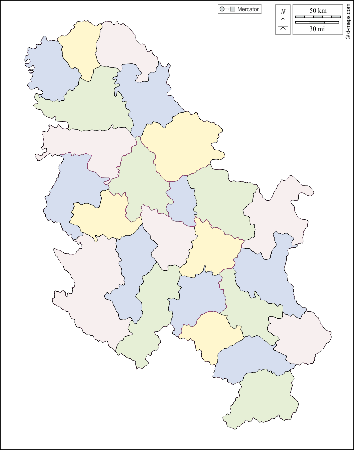 Serbia : d-maps.com: mappa gratuita, mappa muta gratuita, cartina muta gratuita : contorni, distretti, colore, bianco