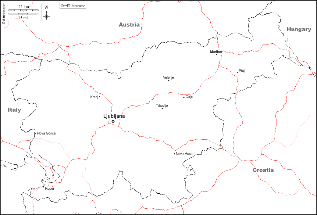Slovenia : d-maps.com: mappa gratuita, mappa muta gratuita, cartina muta gratuita : frontiere, principali città, strade, nomi, bianco