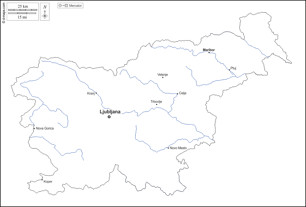 Slovenia : d-maps.com: mappa gratuita, mappa muta gratuita, cartina muta gratuita : contorni, idrografia, principali città, nomi, bianco