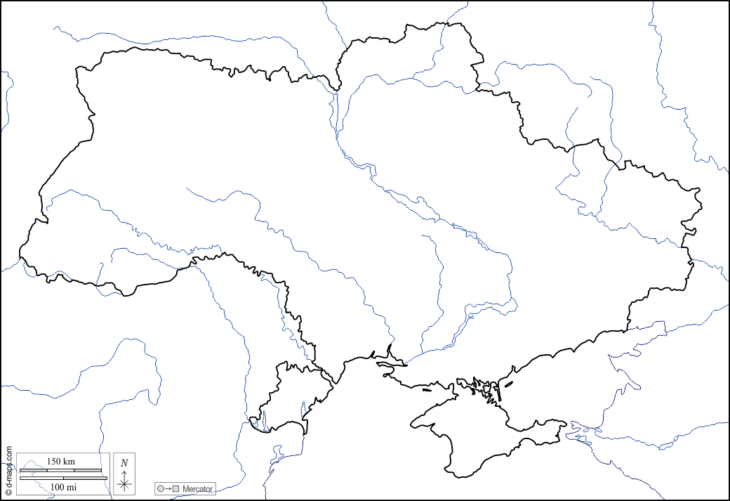 Ucraina : d-maps.com: mappa gratuita, mappa muta gratuita, cartina muta gratuita : litorali, limiti, idrografia, bianco