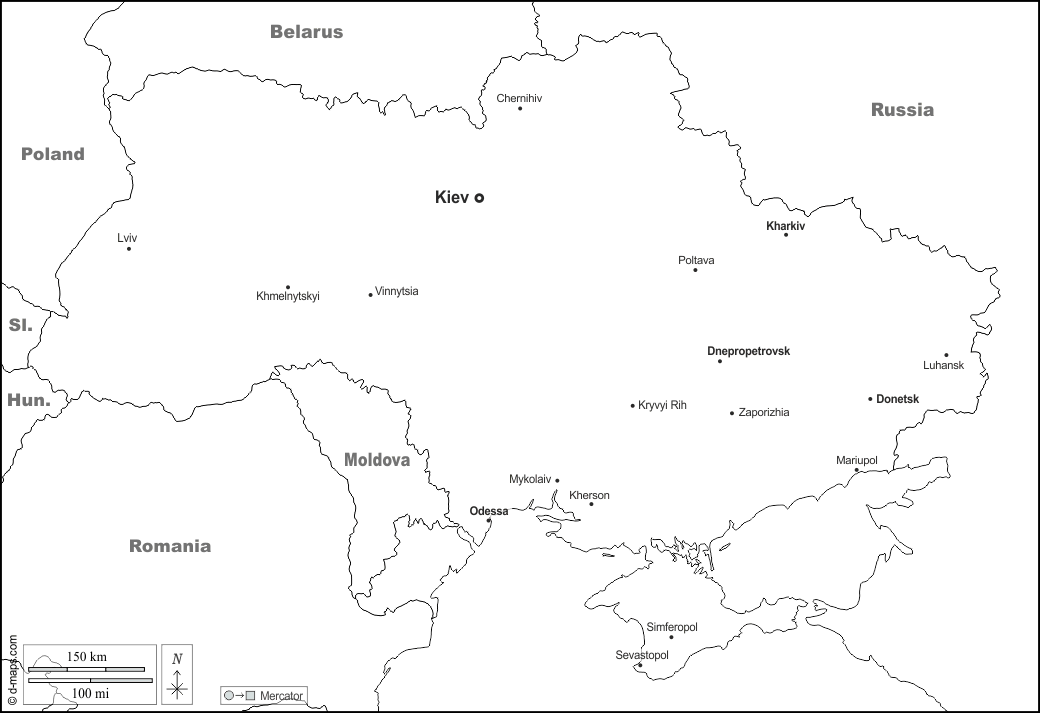 Ucraina : d-maps.com: mappa gratuita, mappa muta gratuita, cartina muta gratuita : frontiere, principali città, nomi, bianco