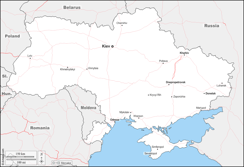 Ucraina : d-maps.com: mappa gratuita, mappa muta gratuita, cartina muta gratuita : frontiere, principali città, strade, nomi