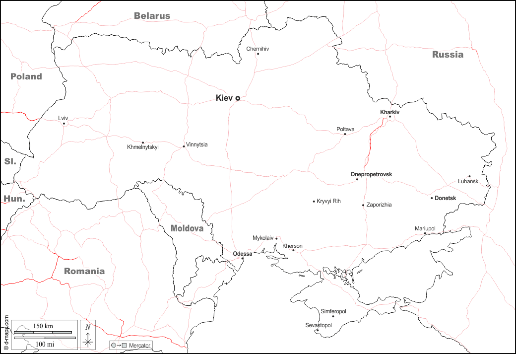 Ucraina : d-maps.com: mappa gratuita, mappa muta gratuita, cartina muta gratuita : frontiere, principali città, strade, nomi, bianco