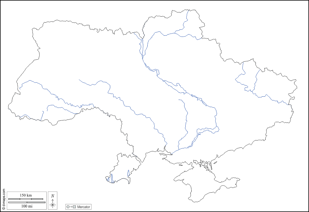 Ucraina : d-maps.com: mappa gratuita, mappa muta gratuita, cartina muta gratuita : contorni, idrografia, bianco