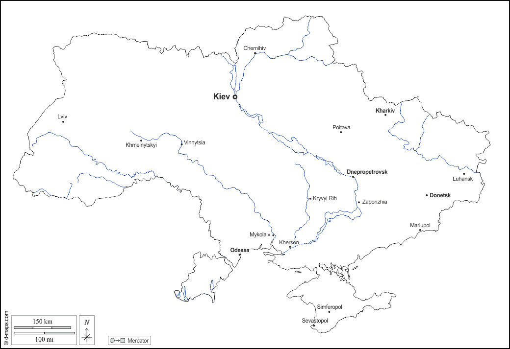 Ucraina : d-maps.com: mappa gratuita, mappa muta gratuita, cartina muta gratuita : contorni, idrografia, principali città, nomi, bianco